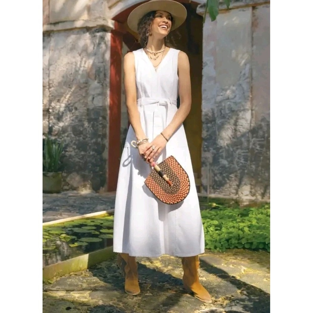 Sundance White V‑Neck Sleeveless Tie‑Waist Midi Dress